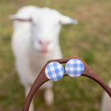 BUTTON STUD EARRINGS - LIGHT BLUE GINGHAM