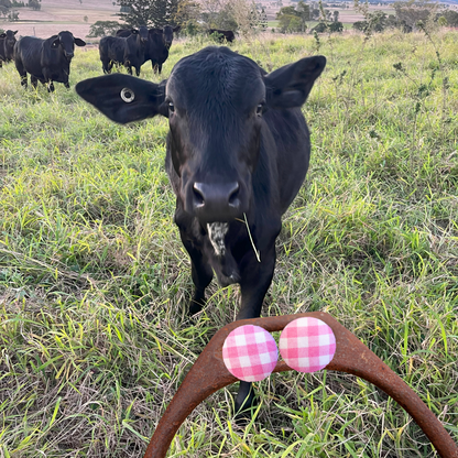 BUTTON STUD EARRINGS - PINK GINGHAM