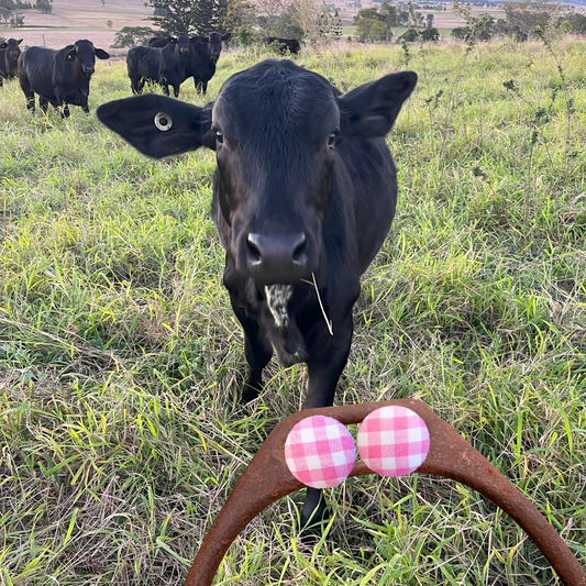 BUTTON STUD EARRINGS - PINK GINGHAM