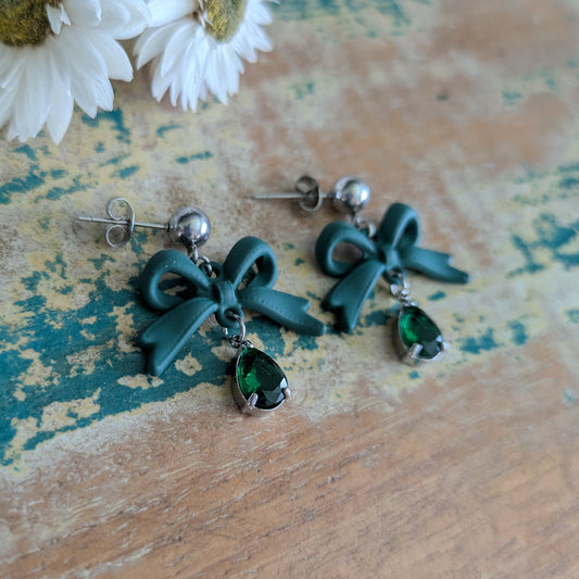 COUNTRY BOW - FOREST GREEN BLING DANGLE EARRING