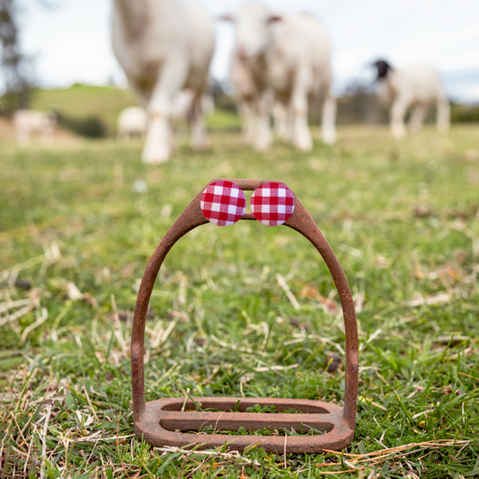 BUTTON STUD EARRINGS - RED GINGHAM