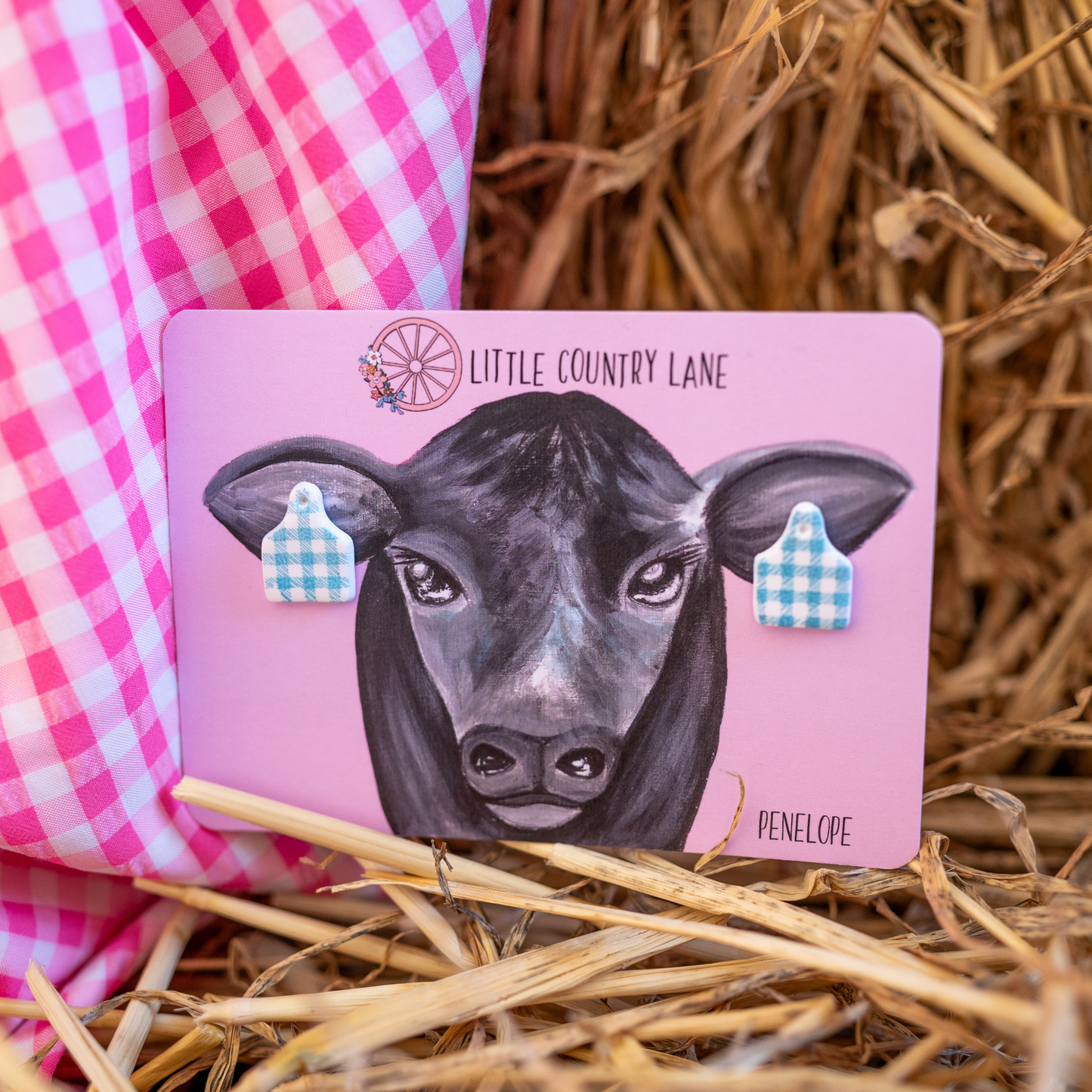 CATTLE TAG STUD EARRINGS | BLUE GINGHAM